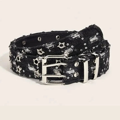 Y2K Punk Star Belt - Black Denim Hip Hop Hollow Buckle Waistband for Men & Women