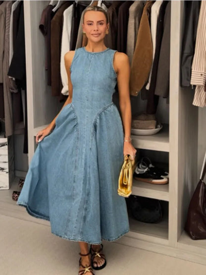 Elegant Pleated Denim Dress for Women – 2025 Chic Slim Fit Lapel Vestido with Short Sleeves & Single-Breasted Design