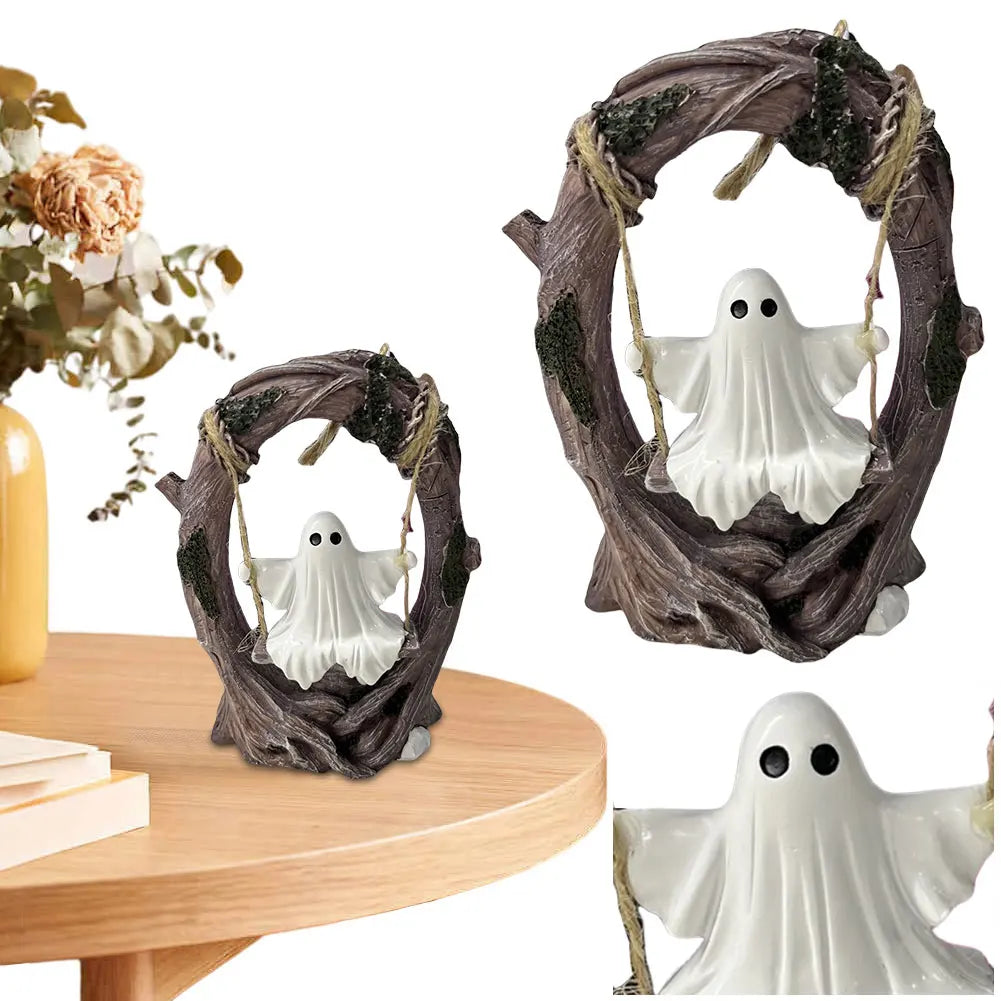 Halloween White Ghost Sculptures — Funny Swinging Tree Ornaments for Tabletop Centerpiece Decor