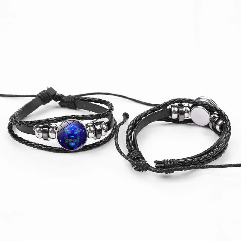 Men’s Zodiac Sign Leather Bracelet | 12 Constellation Black Braided Wrap | Punk Style Multilayer Bracelet for Birthday Gifts
