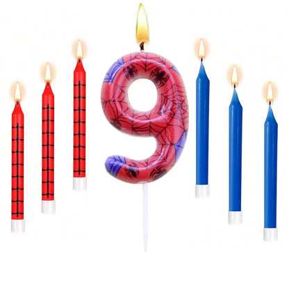 7Pcs Spider-Themed Number 4 Birthday Candles – Red & Blue Cartoon Cake Topper Decorations for Kids Party Supplies