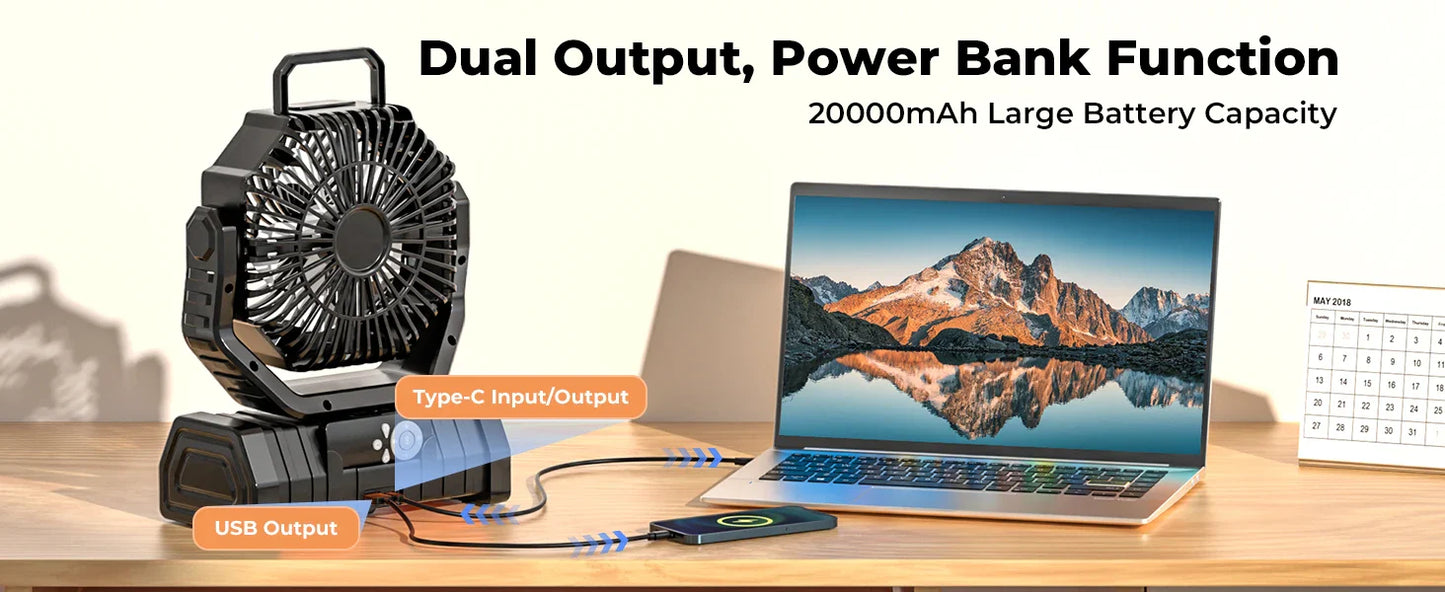 20000mAh Portable Camping Fan — Rechargeable Battery-Powered Outdoor Tent Fan with LED Light, Hanging Hook & 4-Speed Wind