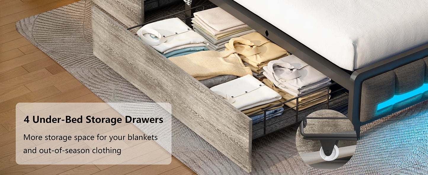 Full Size Upholstered Bed Frame with Storage Drawers, Bookcase Headboard, LED Lights & USB Charging Station