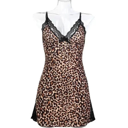Women’s Leopard Print Lace Nightgown - Sexy V-Neck Mini Sleepwear Nightshirt Pajama Dress