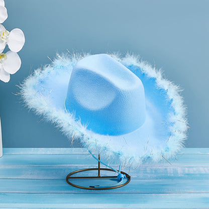 Women's Cowboy Hat – Wide Brim Solid Color with Furry Trim for Parties & Outings