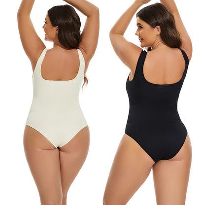 GUUDIA Ribbed Tummy Control Jumpsuit – Light Compression Daily Shaper Bodysuit with Open Crotch Shapewear Design