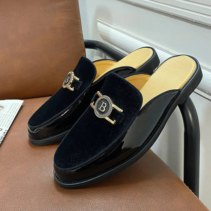 Men’s Suede Half Slippers - Patchwork Casual Metal Buckle Breathable Mules Driving Moccasin Shoes