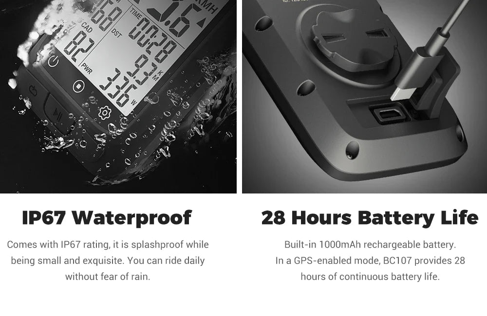 Coospo BC107 GPS Bike Computer — 2.4" Wireless Odometer & Speedometer, Bluetooth 5.0, ANT+, Waterproof