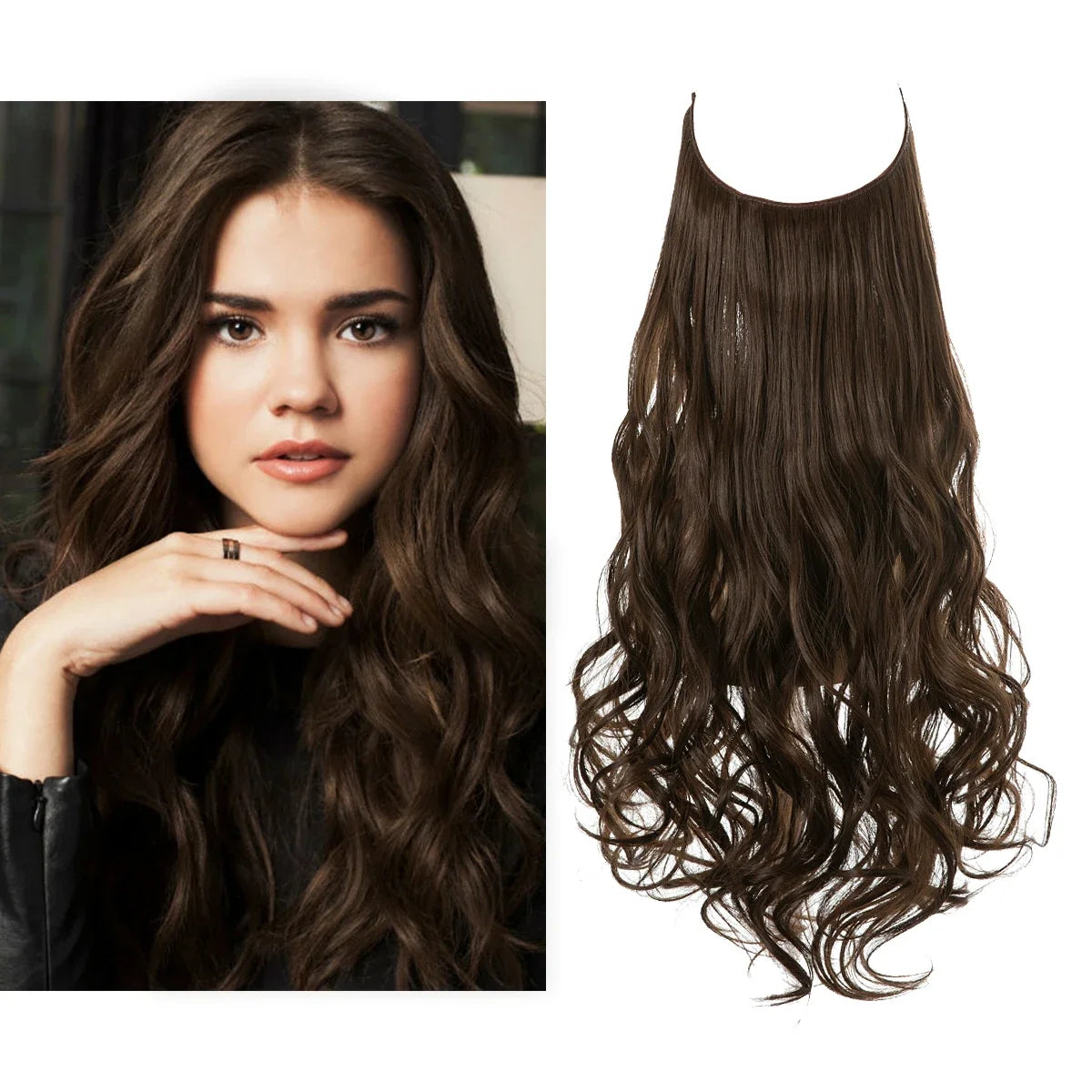 Synthetic Ombre Hair Extension - One Piece Invisible Wire Long Wavy Clipless False Hairpiece Black Blonde Pink