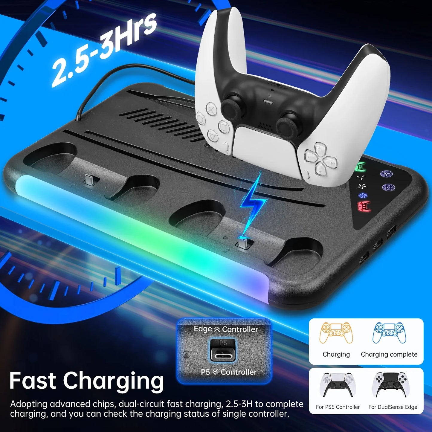PS5 / PS5 Slim Cooling Stand with RGB LED Fan – 3-Level Adjustable Cooling Station for Disc & Digital Console Editions