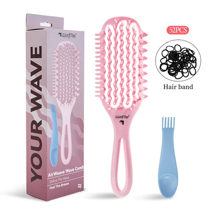 WANMEI Air Cushion Detangler Brush Set – Scalp Massage Comb, Cleaner & 52 Hair Bands, Anti-Frizz Wet/Dry Styling Tool