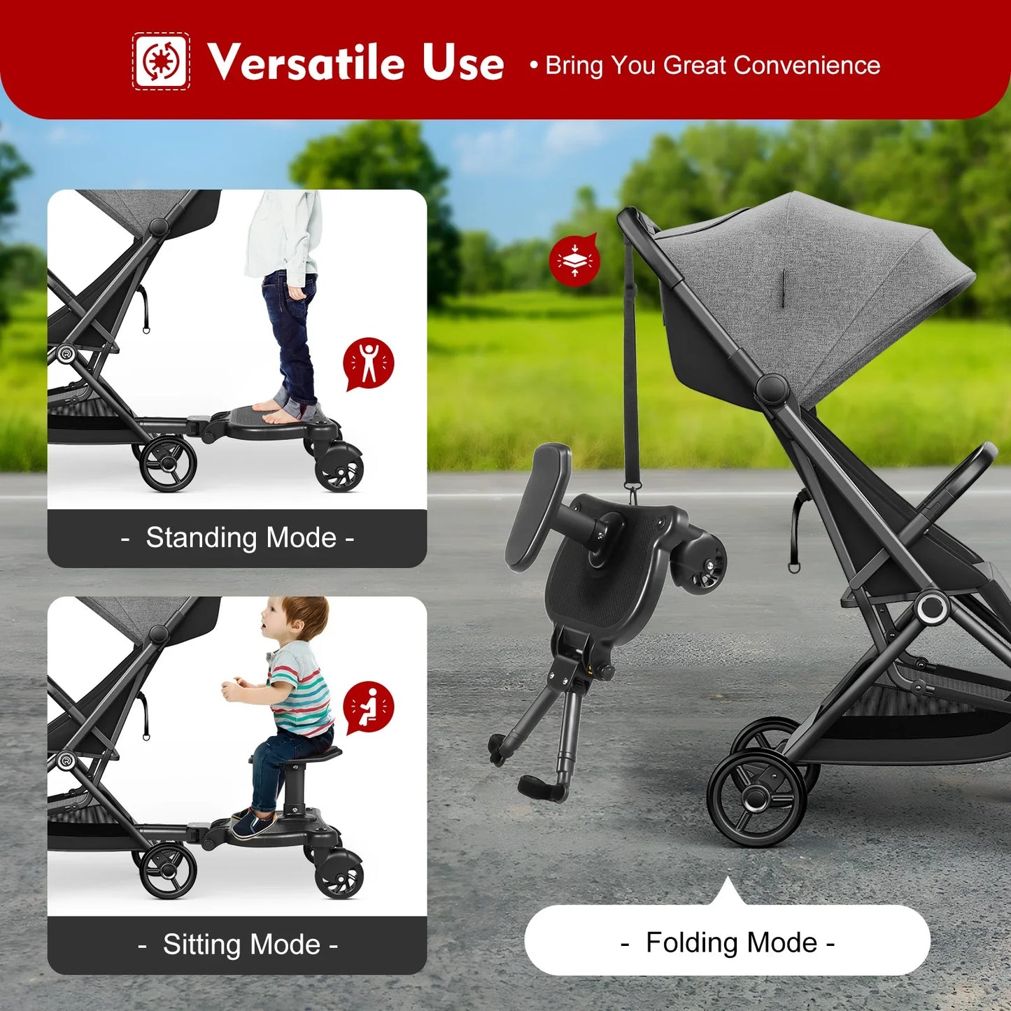 2-in-1 Universal Stroller Buggy Board with Detachable Seat – Pram Pedal Adapter for Kids, 25kg Load Capacity