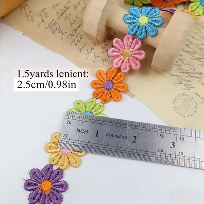 Daisy Flower Lace Trim Ribbon – 2.5CM Wide, 1.5 Yards Embroidered DIY Patchwork Sewing & Craft Supplies, Colorful