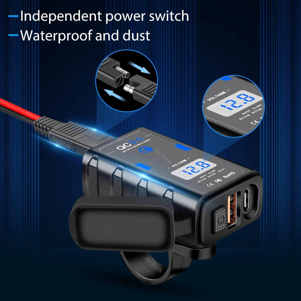 Anchtek 6.4A 12V Motorcycle USB Charger — QC3.0 + Type-C PD Fast Power Socket