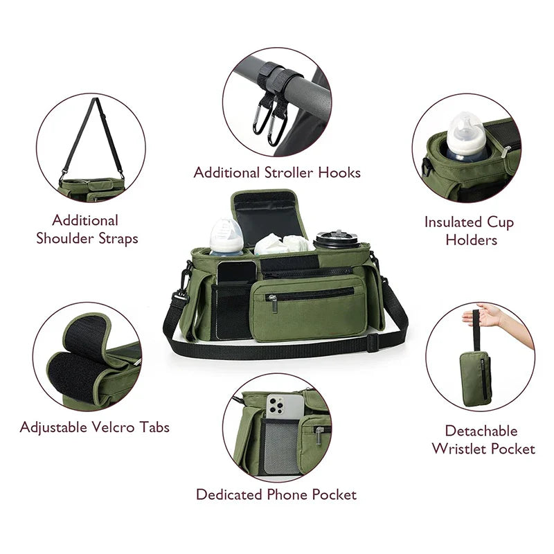 Baby Stroller Storage Bag — Large Capacity Travel Hanging Mummy Bag with Phone & Bottle Holder, Diaper Bag for Pram Accessories