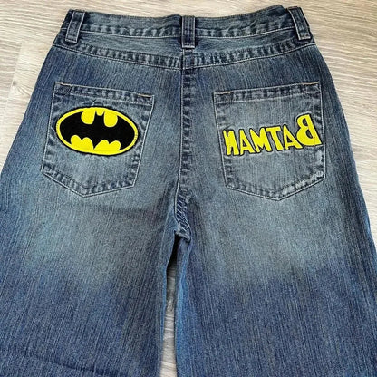 Harajuku Hip Hop Cartoon Embroidered Blue Baggy Jeans – Y2K Low Waist Wide Leg Pants for Men & Women