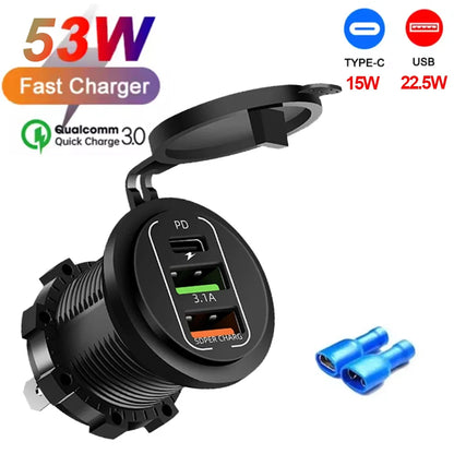 117W Dual USB Car Charger - PD & QC3.0 Fast Charging Adapter with Voltmeter Waterproof Socket for 12V/24V Vehicles