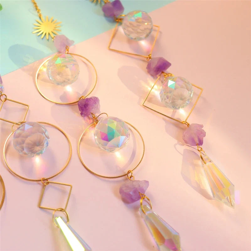 Moon Crystal Suncatcher: Hanging Rainbow Prism Wind Chime with Crystal Pendants, Ideal for Christmas Tree and Home Decor