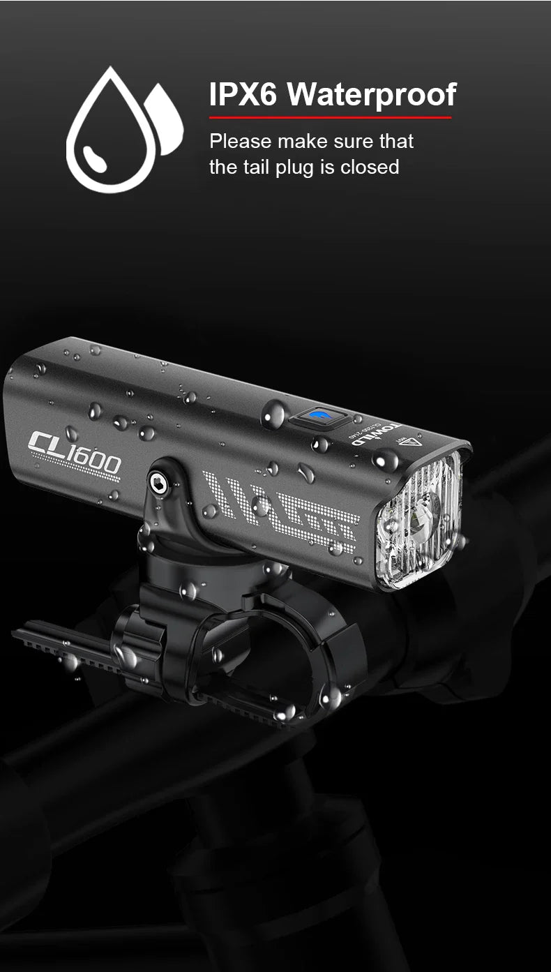 TOWILD 1600LM Bicycle Front Light — 5000mAh IPX6 Aluminum MTB & Road Bike Headlight with Type-C Charging
