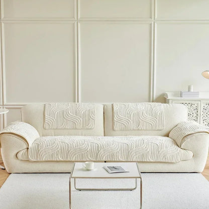 Wave Striped Plush Sofa Cover – Thick Non-Slip Couch Slipcover & Sofa Mat for Living Room, Solid Color Protective Towel