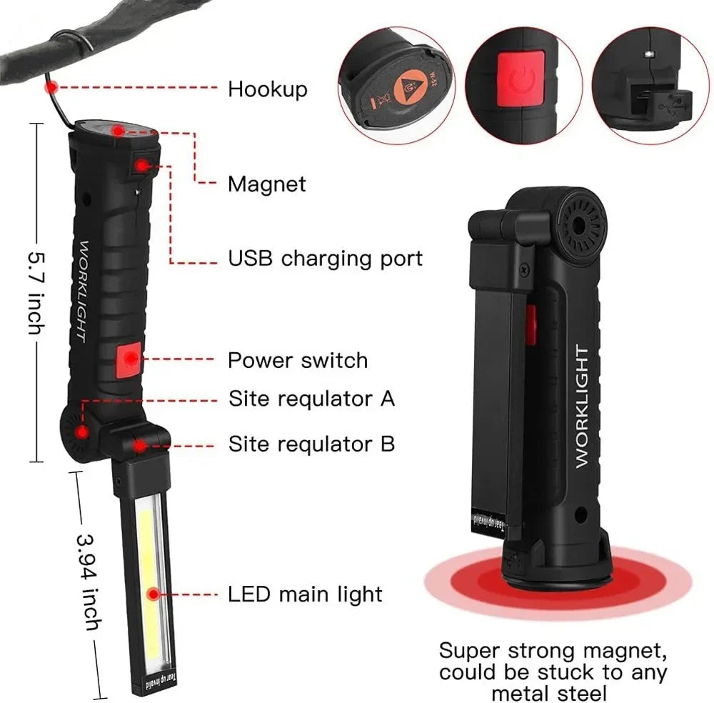 USB Rechargeable Camping LED Flashlight Work Light: IP64 Waterproof, 5 Lighting Modes - with Magnet and Hook, Suitable for Night Work