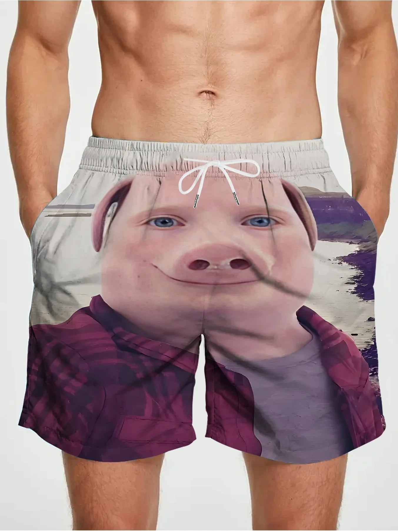 Cartoon Pig Print Swim Shorts – Adjustable Drawstring Waist with Pockets, Lightweight Summer Pool & Ocean Wear