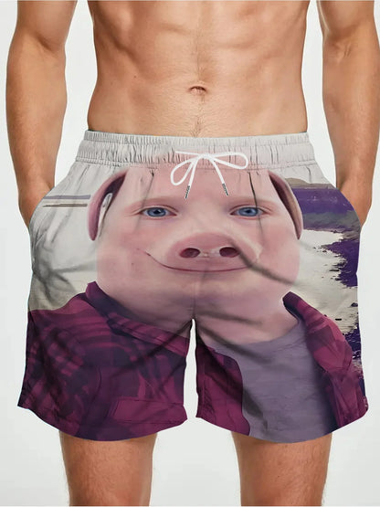 Cartoon Pig Print Swim Shorts – Adjustable Drawstring Waist with Pockets, Lightweight Summer Pool & Ocean Wear