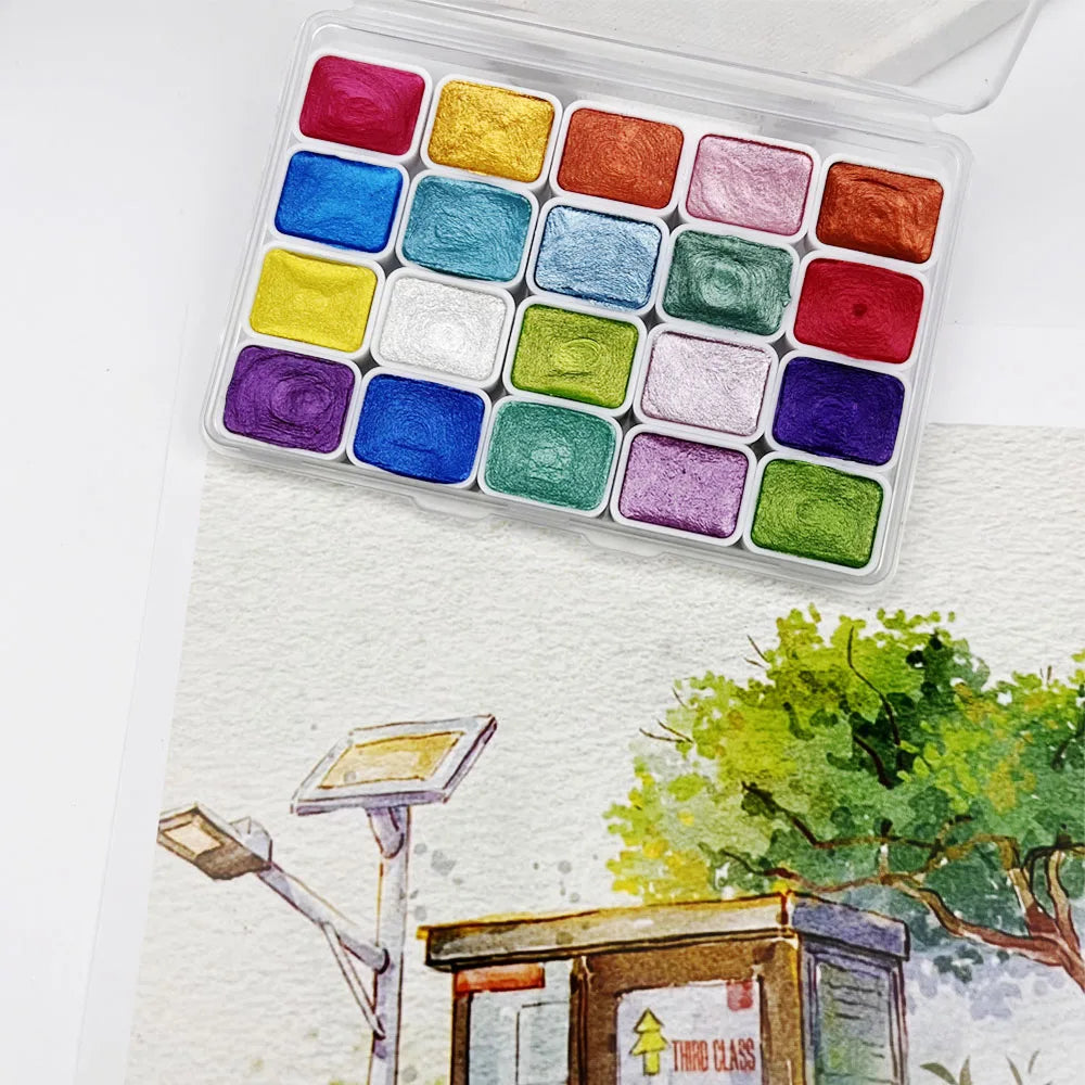 20/24/60/72-Color Metal Watercolor Set – Portable Sparkling Pearl Solid Paints for Artists