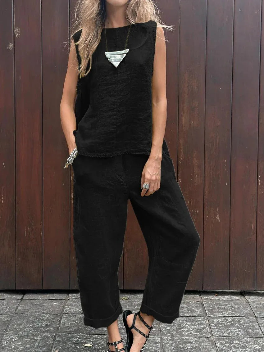 Women Summer Cotton Linen 2-Piece Set – Sleeveless Solid Color Top & Trousers Casual Fashion Outfit Suit