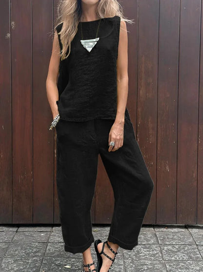 Women Summer Cotton Linen 2-Piece Set – Sleeveless Solid Color Top & Trousers Casual Fashion Outfit Suit