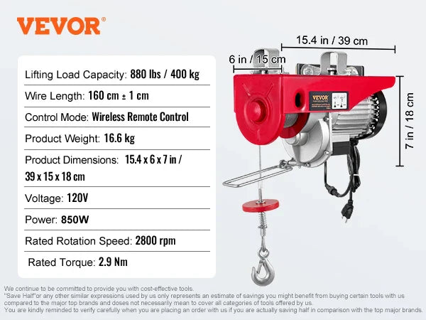 VEVOR 200–800kg Electric Hoist – Cable Winch Lifting Crane with Wired/Wireless Remote for Boat, Car, Garage & Elevator