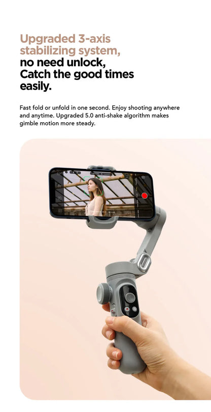 Handheld 3-Axis Gimbal Stabilizer – Smart X Pro for Smartphones, Wireless Charging, OLED Display, LED Light & Focus Wheel
