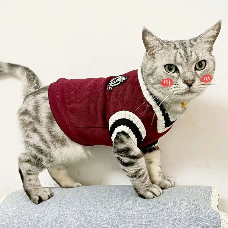 Knitted Dog Sweater for Small to Medium Breeds - Winter Warm Padded V-Neck School Uniform Coat for Chihuahuas and French Bulldogs