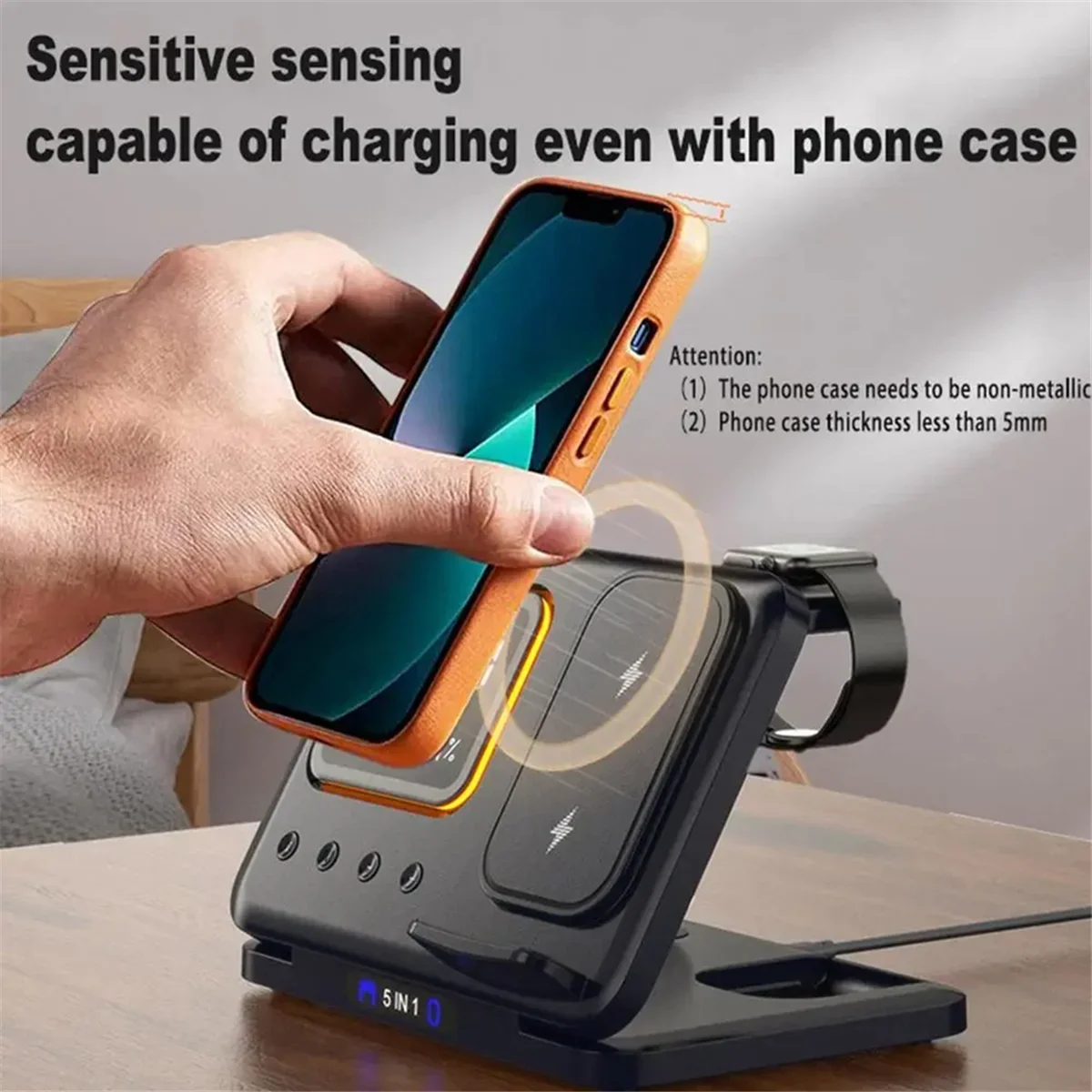 5-in-1 Foldable Wireless Charger Station - LED Digital Alarm Clock Fast Charging Dock for iPhone 15/14 & iWatch 8