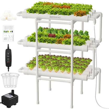 3 Layer Hydroponics Growing System – 108 Sites PVC Pipe Soilless Cultivation Kit for Vegetables & Herbs