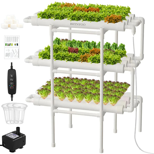 3 Layer Hydroponics Growing System – 108 Sites PVC Pipe Soilless Cultivation Kit for Vegetables & Herbs
