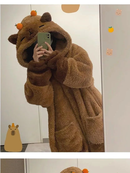 Winter Capybara Cosplay Costume - Adult Kigurumi Unicorn Onesie, Anime Nightgown, Halloween Cartoon Pajamas & Sleepwear