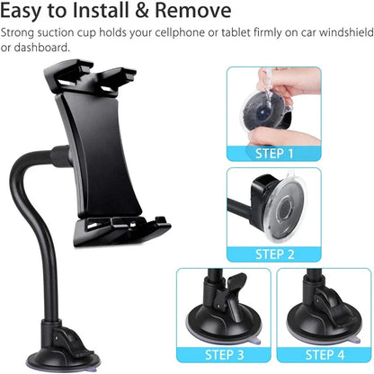 Universal Tablet & Phone Car Mount — Long Arm Windshield Stand for 4–13.5” iPhone, iPad, GPS