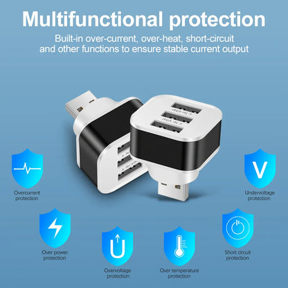 3 Port USB Adapter - 3 in 1 Multiple USB Interface Extender for Tablets, Laptops, and Auto Electronics Charger