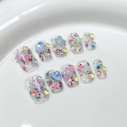 10 Pcs Pink Handmade Press-On Nails – Full Cover Bear & Heart Design with Rhinestones, Short Round Manicure Tips