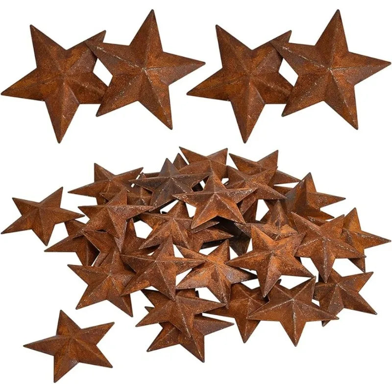 30pcs 1-Inch Rustic Metal Barn Star Ornaments – Antique Primitives Tin Steel 3D Country Craft Decor Accents