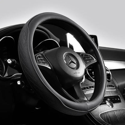 Napa Leather Perforated Patchwork Steering Wheel Cover - Non-slip & Breathable, Universal 15 Inch (38cm)