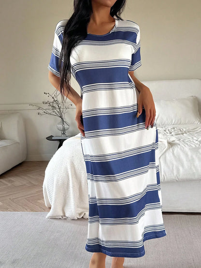 Women’s Blue & White Striped Midi Nightgown – Loose Casual Lounge T-Shirt Style Sleepwear Dress