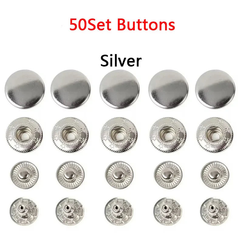 50 Sets Leather Snap Fasteners Kit – 10mm/12mm/15mm Metal Press Studs with 4 Tools for DIY Clothes & Crafts