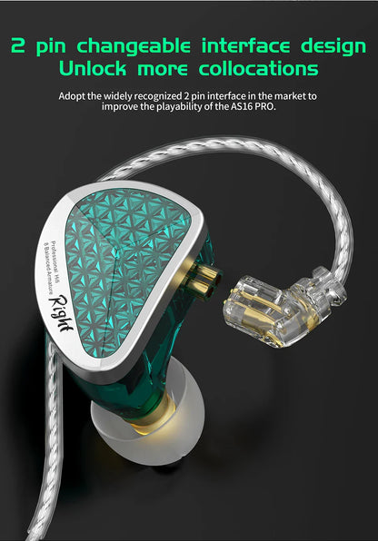 KZ AS16 Pro In-Ear Earphones – 16BA Balanced Armature HIFI Bass Noise-Cancelling Sport Headset