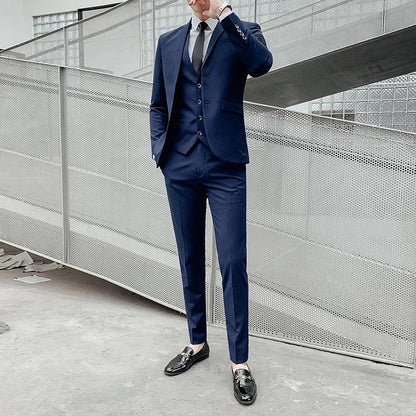 Men’s Business Suit Set — Blazer, Vest & Pants, Slim Fit Solid Color Wedding & Formal Dress Suit, Plus Size