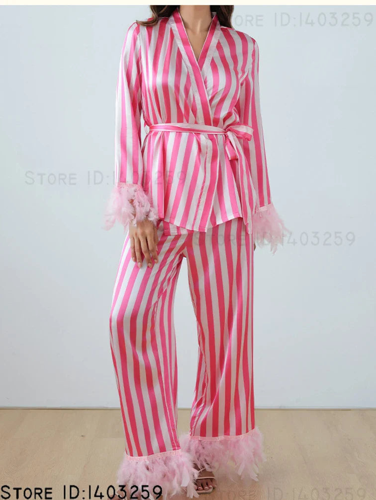 Women’s Pink Striped Pajamas Set – Satin Long Sleeve Loungewear & Loose Casual Home Wear