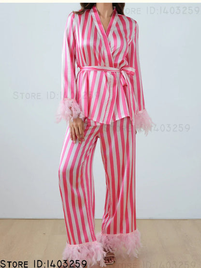 Women’s Pink Striped Pajamas Set – Satin Long Sleeve Loungewear & Loose Casual Home Wear