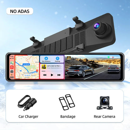 Imagebon 12" 4K Car Mirror – Wireless CarPlay, Android Auto, ADAS, Rearview Camera, GPS, FM, Night Vision Video Recorder