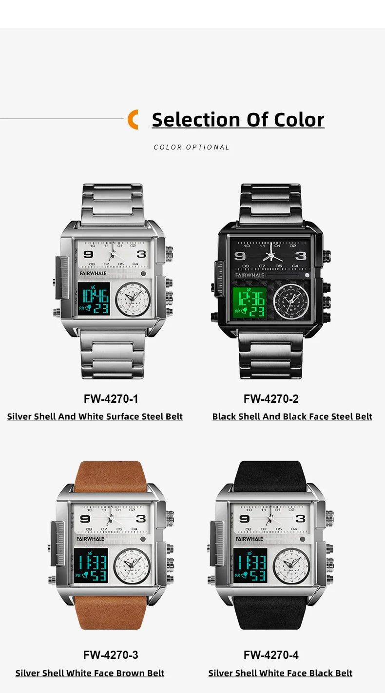 Mark Fairwhale Men’s Luxury Square Quartz Watch — Fashion Waterproof Military Leather Strap Wristwatch